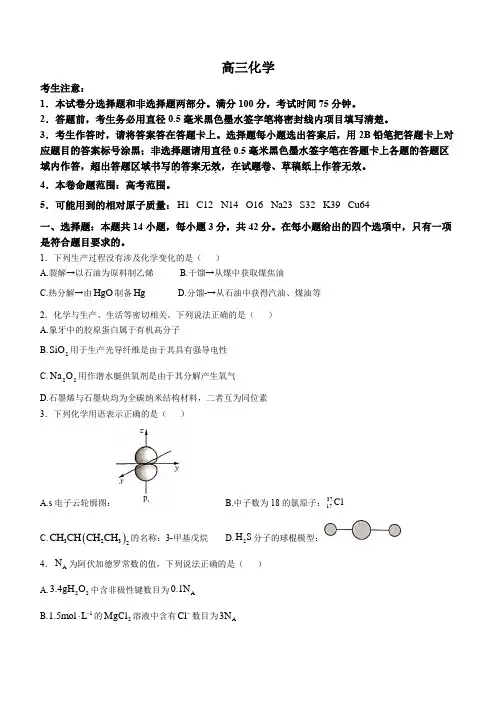 广西壮族自治区河池市九师联盟2024-2025学年高三上学期11月月考化学试题