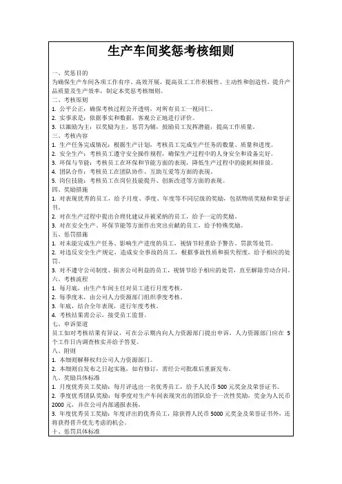 生产车间奖惩考核细则
