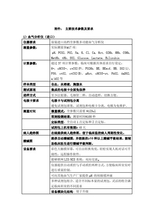 主要技术参数及要求1）血气分析仪（进口）
