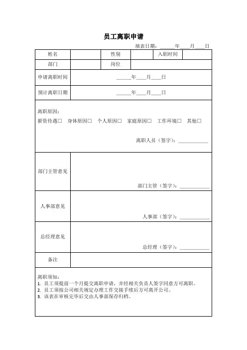 员工离职申请表通用模板