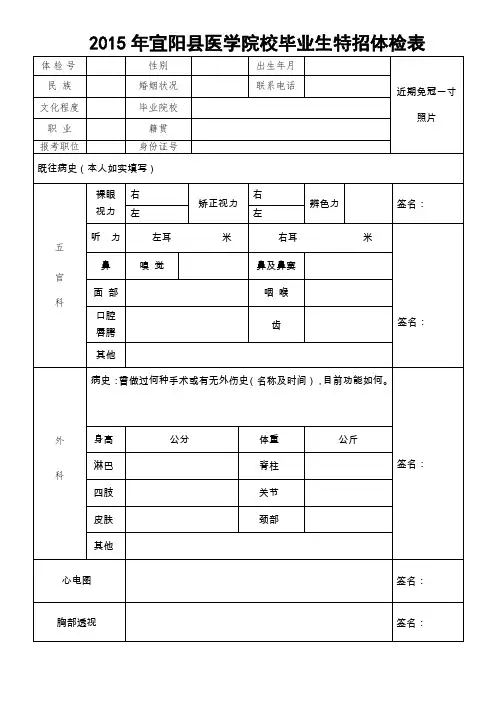2015年宜阳医学院校毕业生特招体检表