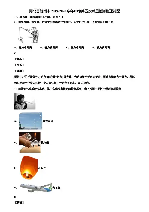 湖北省随州市2019-2020学年中考第五次质量检测物理试题含解析