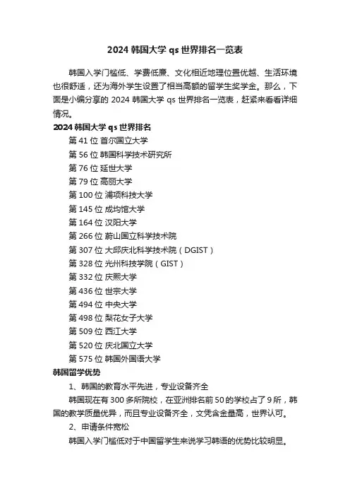 2024韩国大学qs世界排名一览表