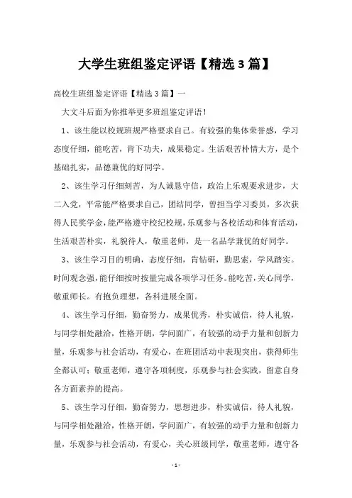 大学生班组鉴定评语【3篇】