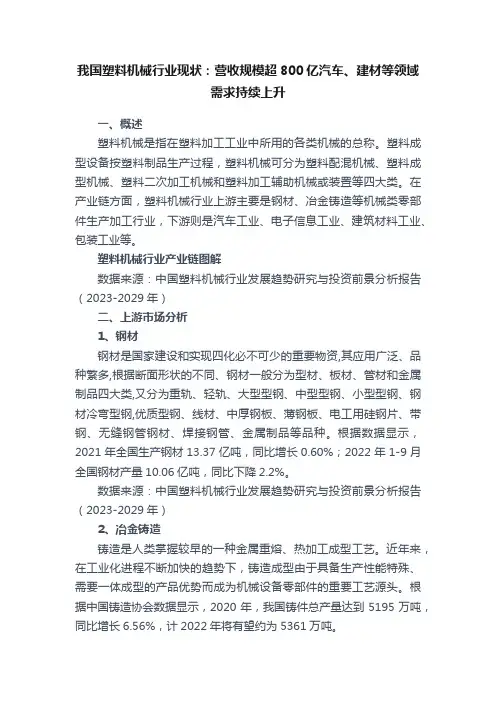 我国塑料机械行业现状：营收规模超800亿汽车、建材等领域需求持续上升
