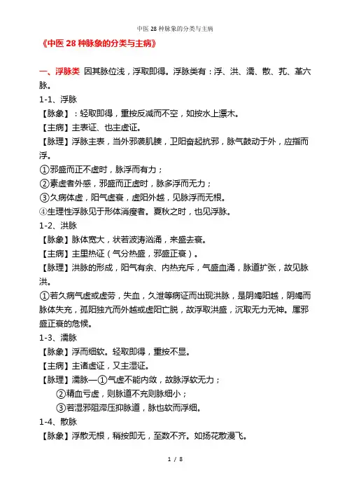 中医28种脉象的分类与主病