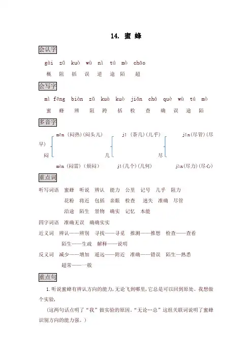 【新版】部编版三年级语文下册14. 蜜蜂  知识点总结课堂笔记 