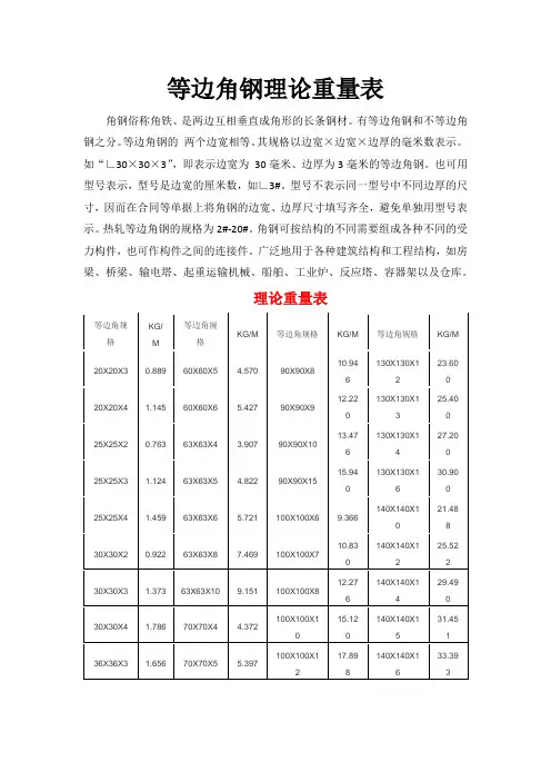 等边角钢理论重量表