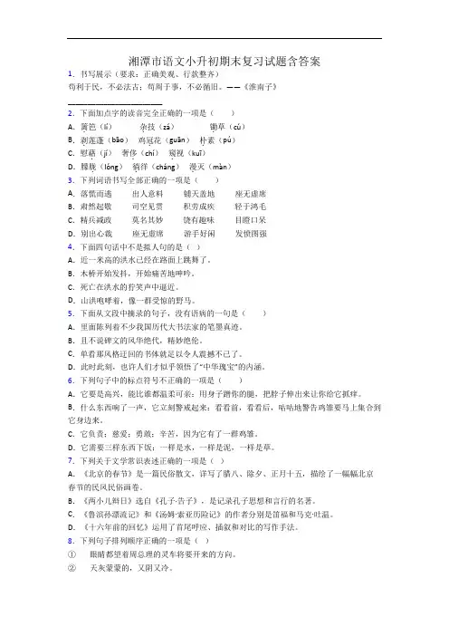 湘潭市语文小升初期末复习试题含答案