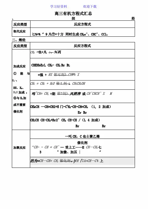 高三化学有机方程式汇总