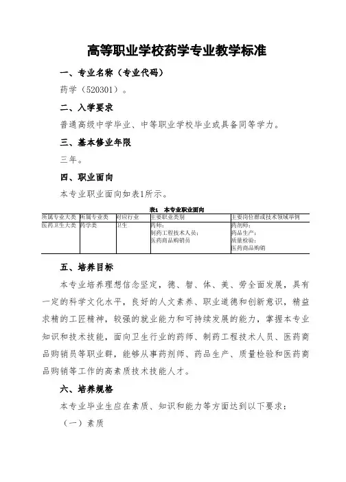高职药学专业教学标准