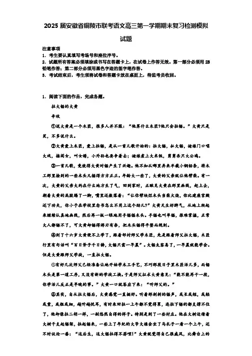 2025届安徽省铜陵市联考语文高三第一学期期末复习检测模拟试题含解析