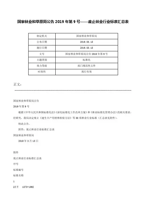 国家林业和草原局公告2019年第9号——废止林业行业标准汇总表-国家林业和草原局公告2019年第9号