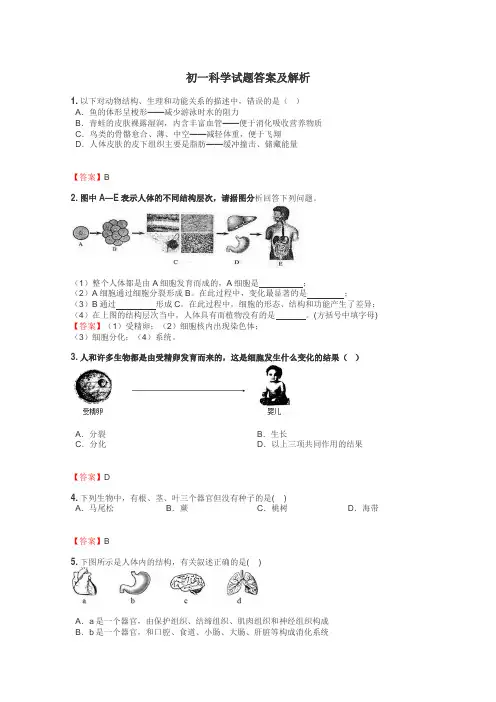 初一科学试题答案及解析

