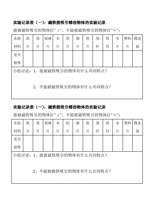表1：磁铁能吸引哪些物体的实验记录