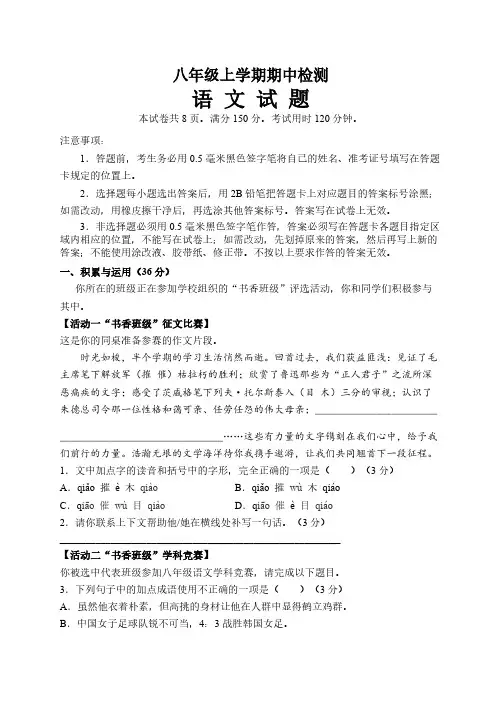 山东省泰安市新泰市2024-2025学年八年级上学期11月期中语文试题(含答案)