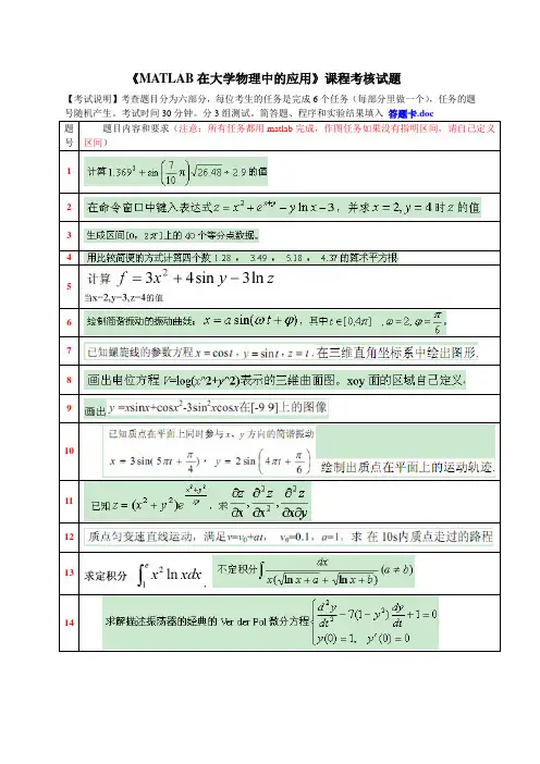 《MATLAB在大学物理中的应用》课程考核试题