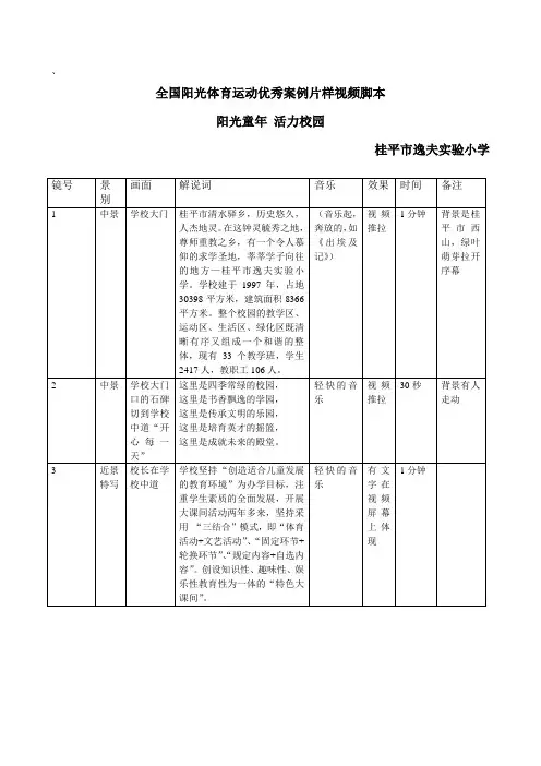 全国阳光体育运动优秀案例片样视频脚本(完整版)