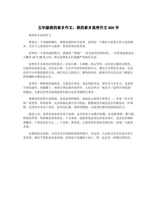 五年级我的家乡作文：我的家乡昆明作文600字