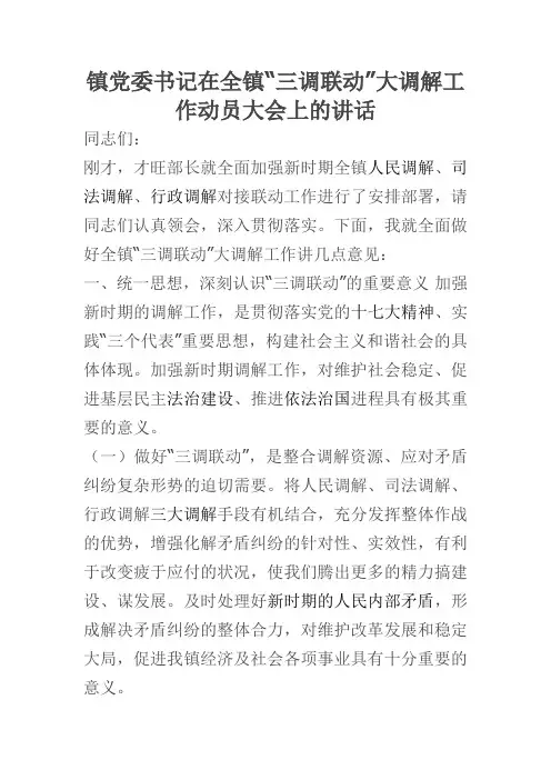 镇党委书记在全镇“三调联动”大调解工作动员大会上的讲话(新)
