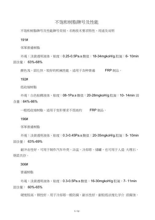 不饱和树脂牌号及性能