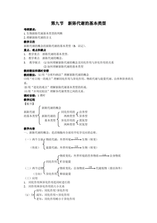 高三生物一轮复习教案：新陈代谢的基本类型