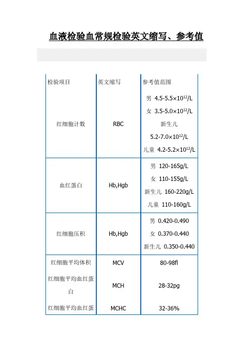 检验项目中英文对照参考值