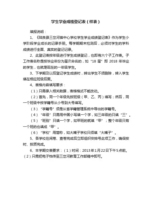 学生学业成绩登记表（样表）