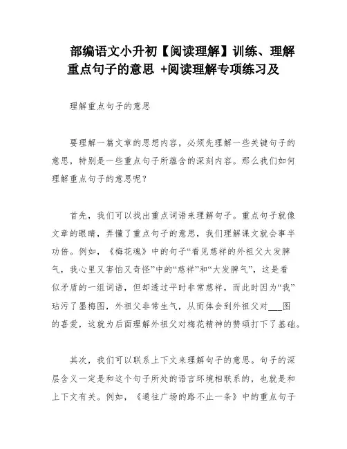 部编语文小升初【阅读理解】训练、理解重点句子的意思 +阅读理解专项练习及
