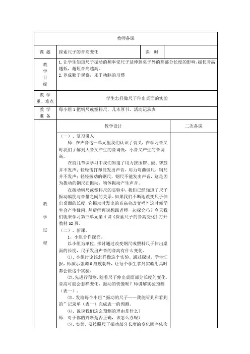 小学科学精品教案：探索尺子音高变化