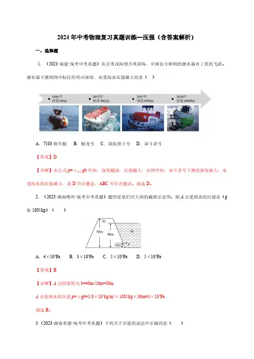 2024年中考物理复习真题训练—压强(含答案解析)