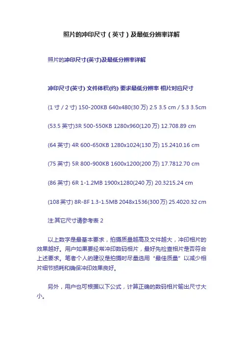 照片的冲印尺寸（英寸）及最低分辨率详解