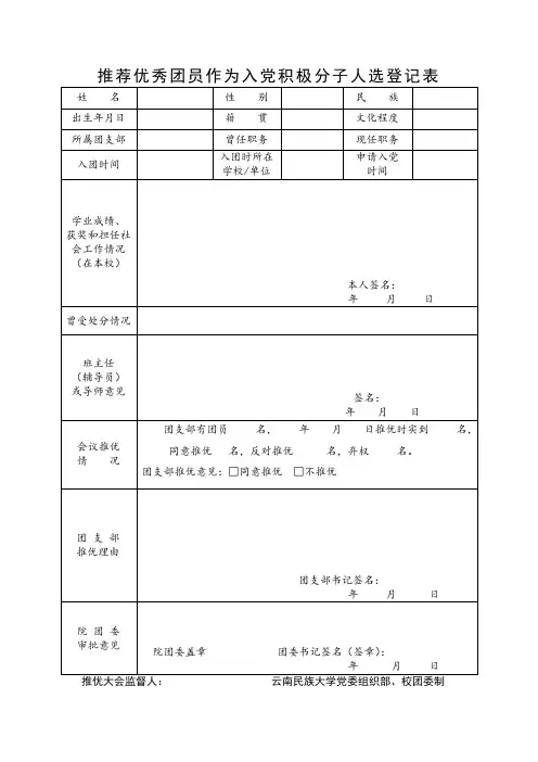 推荐优秀团员作为入党积极分子人选登记表 (1)
