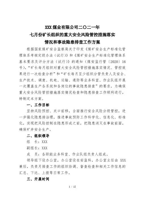 煤矿长月度组织的重大安全风险管控措施落实情况检查和事故隐患排查工作方案