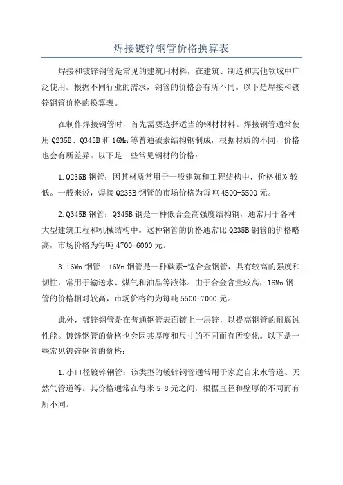 焊接镀锌钢管价格换算表