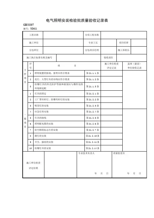电气照明安装检验批质量验收记录表