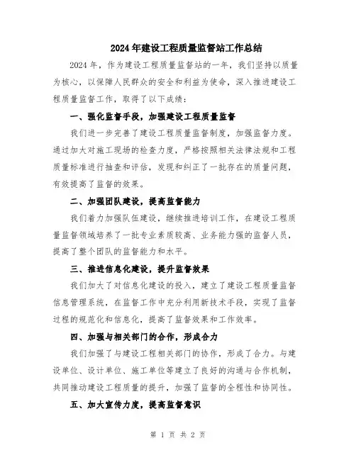 2024年建设工程质量监督站工作总结