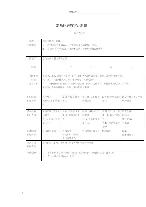 大班幼儿园周工作计划表79814