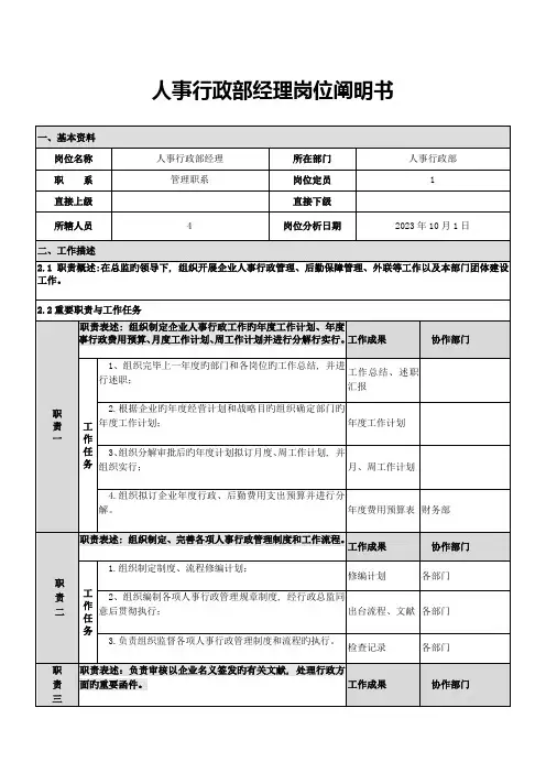 人事行政部经理岗位说明书