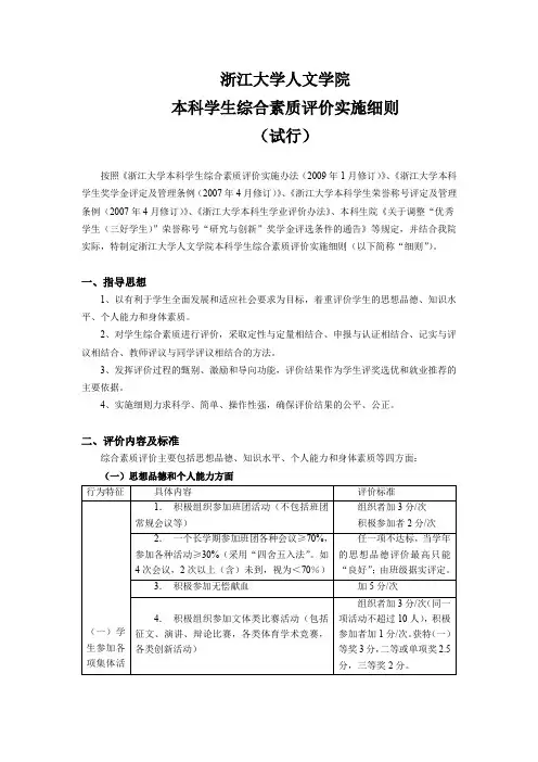 浙江大学人文学院本科学生综合素质评价实施细则(试行)