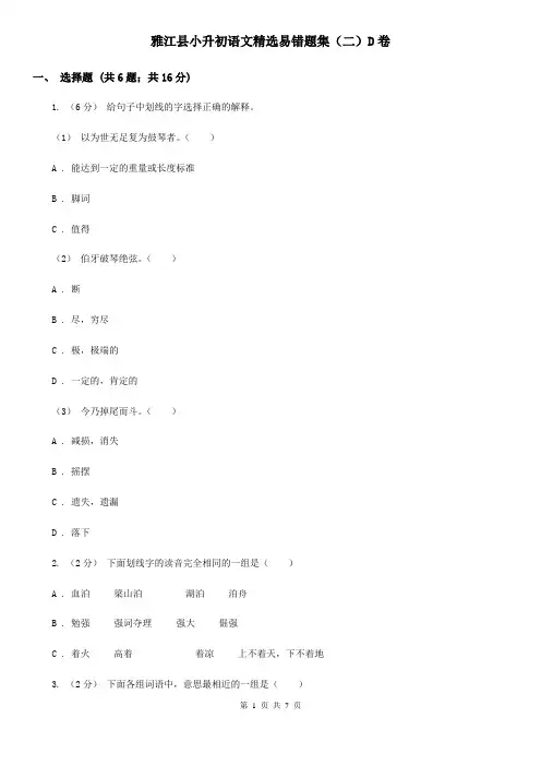 雅江县小升初语文精选易错题集(二)D卷