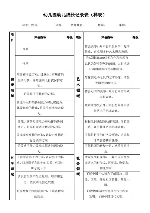 幼儿成长记录表样表