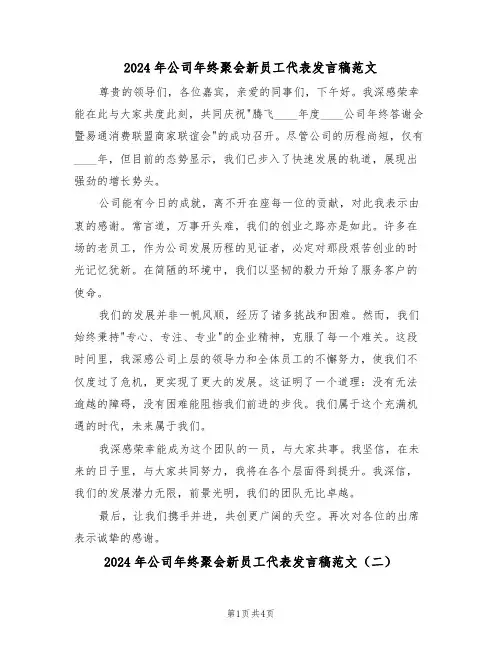 2024年公司年终聚会新员工代表发言稿范文（三篇）
