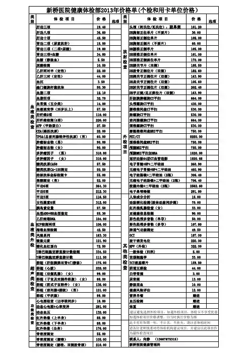 新桥医院体检价目表(个检和用卡)