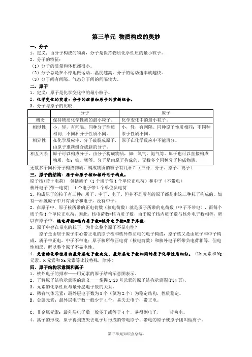 人教版九年级化学初中化学第三单元物质构成的奥秘知识点总结