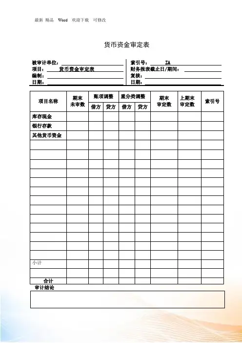 货币资金审定表