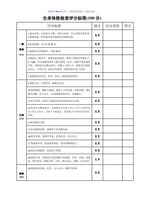全身体格检查评分标准(表)Word编辑