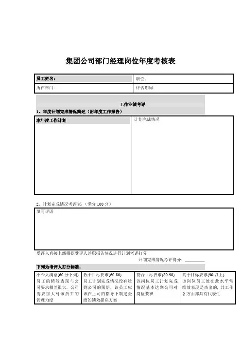 集团公司部门经理岗位年度考核表