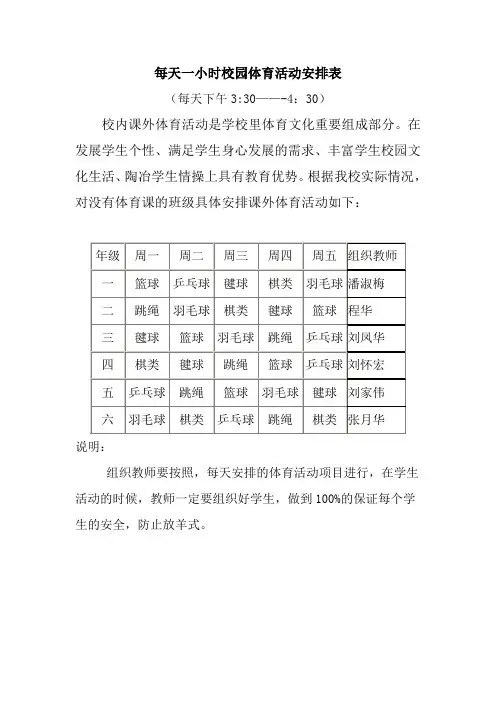 每天一小时校园体育活动安排表及检查表
