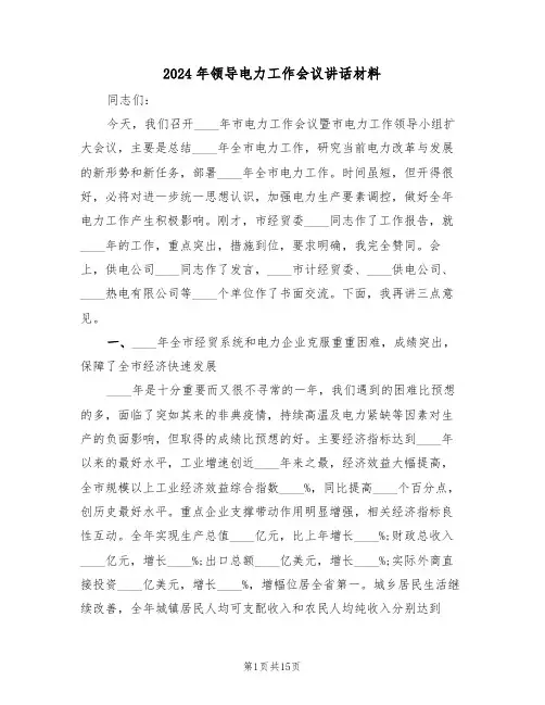 2024年领导电力工作会议讲话材料(二篇)